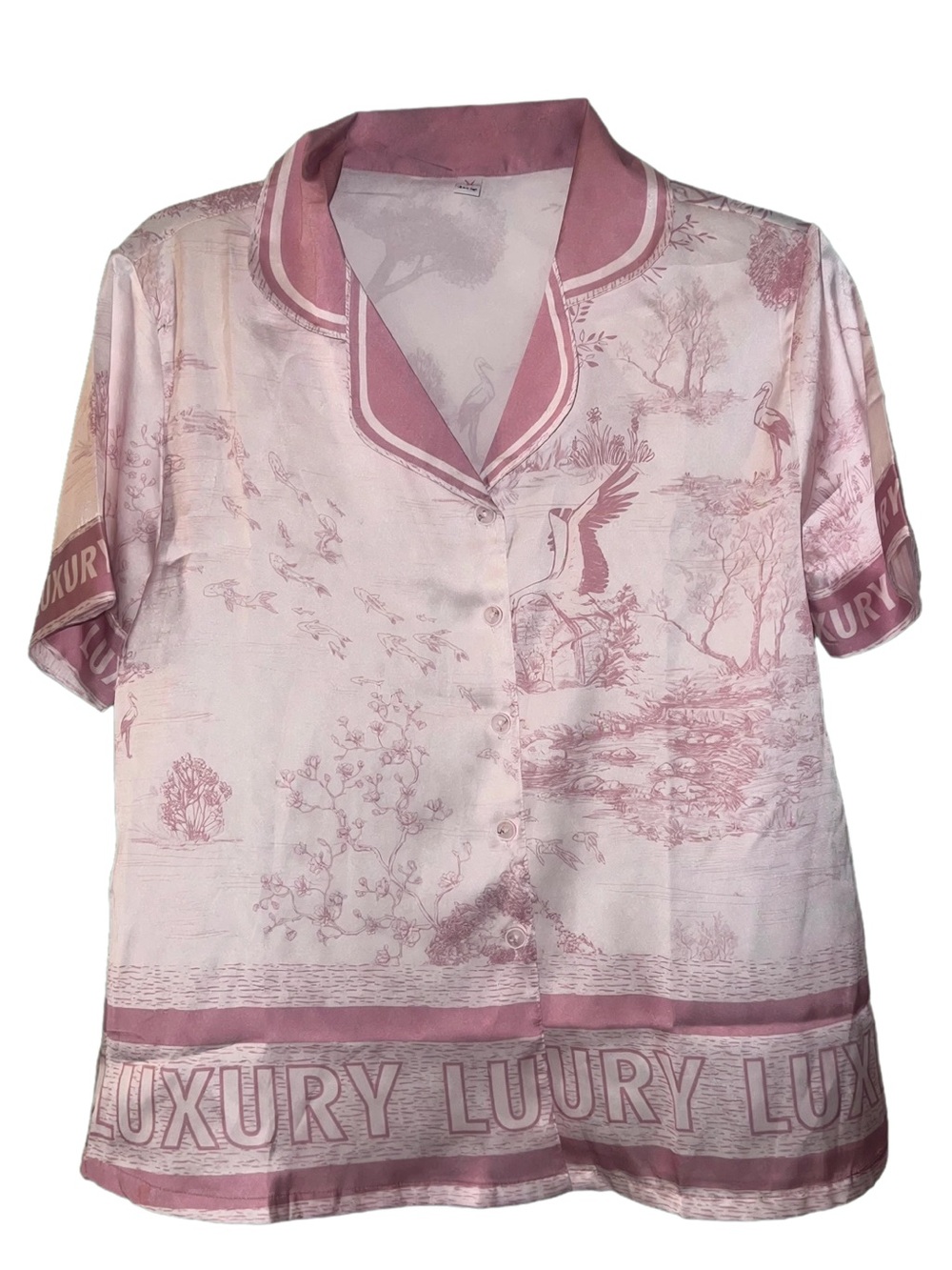 🍓FREE ITEM🍓Boutique Satin Pajama Lounge M Pink Toile Crane LUX Border Print Silk